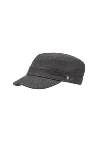 Gray felt cap with a curved brim, featuring two horizontal seams and a small metallic emblem on the side. Solid color, textured fabric.