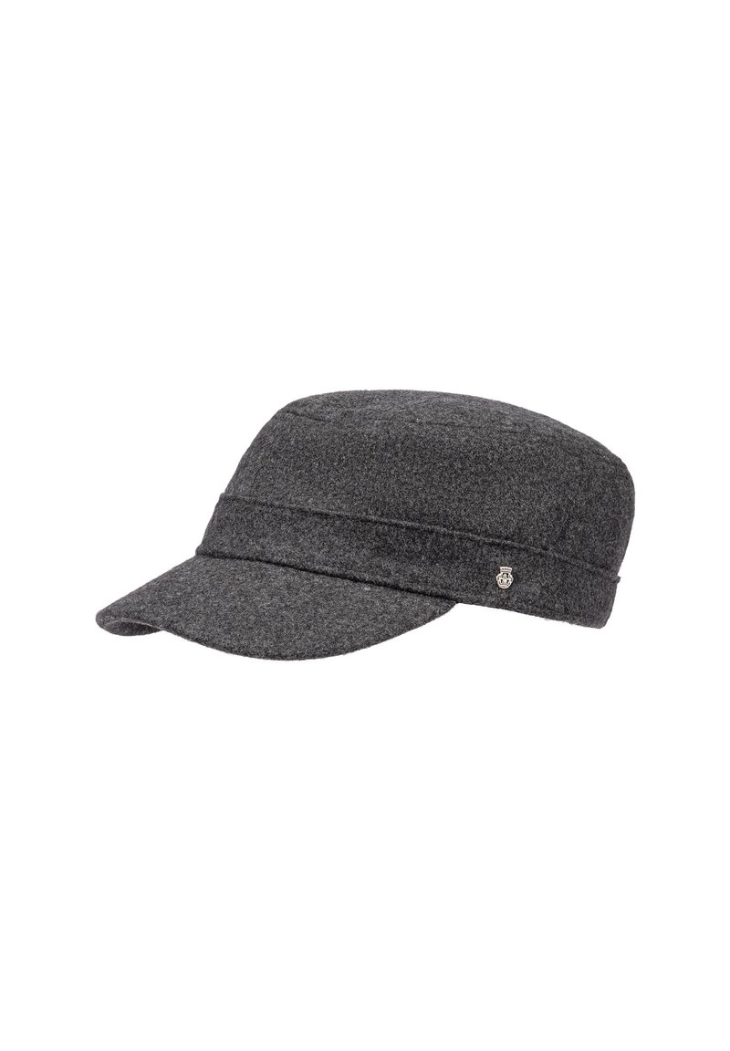 Gray felt cap with a curved brim, featuring two horizontal seams and a small metallic emblem on the side. Solid color, textured fabric.