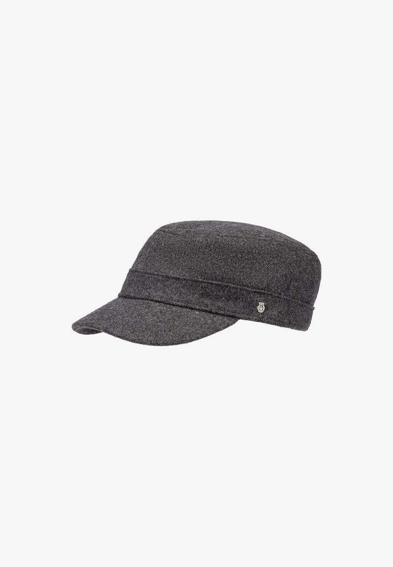 Gray felt cap with a curved brim, featuring two horizontal seams and a small metallic emblem on the side. Solid color, textured fabric.