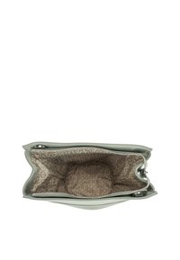 Borsa verde con esterno testurizzato e fodera interna a motivi con il nome del marchio ripetuto. Chiusura con zip nella parte superiore.