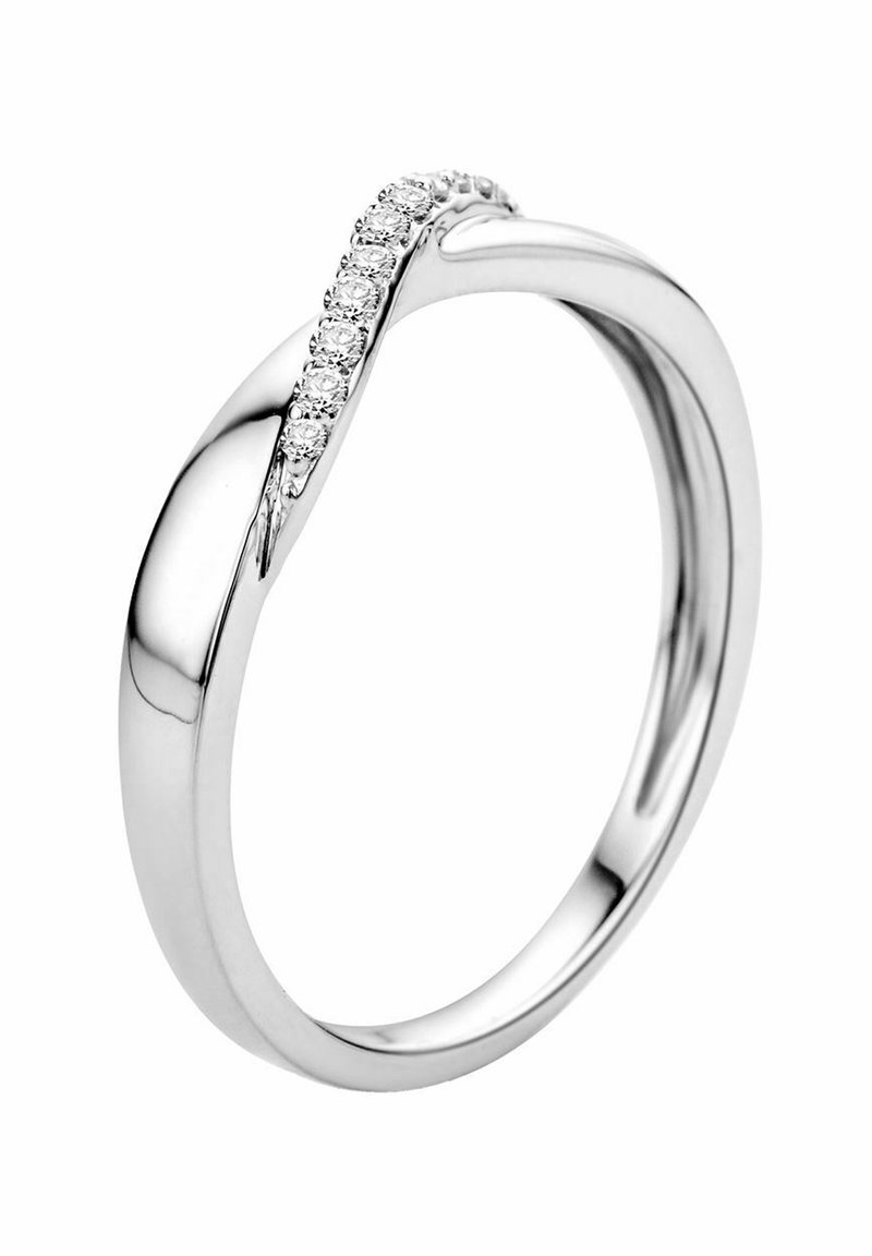 Sudraba gredzens ar gludu, pulētu joslu, kurai ir viļņaina forma, papildināta ar rindu mazu, caurspīdīgu dārgakmeņu gar vienu no malām.