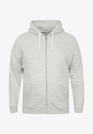 Svetlo siva zip-srajca s kapuco s vrvico in sprednjimi žepi, prikazana na beli ozadju.