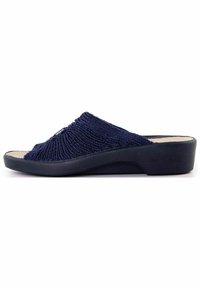Infradito blu navy con tomaia in filato testurizzato, design aperto nella parte anteriore e suola a cuneo di supporto per il comfort. Dettaglio hardware nero discreto.