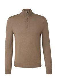 Brauner Langarm-Pullover mit einem Reißverschluss am hohen Kragen, glatter Textur, figurbetontem Design und gerippten Bündchen an Ärmeln und Saum.