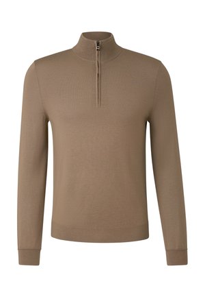 Brauner Langarm-Pullover mit einem Reißverschluss am hohen Kragen, glatter Textur, figurbetontem Design und gerippten Bündchen an Ärmeln und Saum.