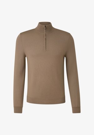 Hnědý dlouhý rukáv s vysokým límcem na zip, hladká textura, přiléhavý střih a žebrované manžety na rukávech a lemu.