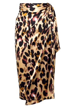 Satin midinederdel med leopardprint i beige, sort, brun og rustfarver, med en sideknude og draperet stof.