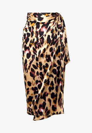 Satin midinederdel med leopardprint i beige, sort, brun og rustfarver, med en sideknude og draperet stof.