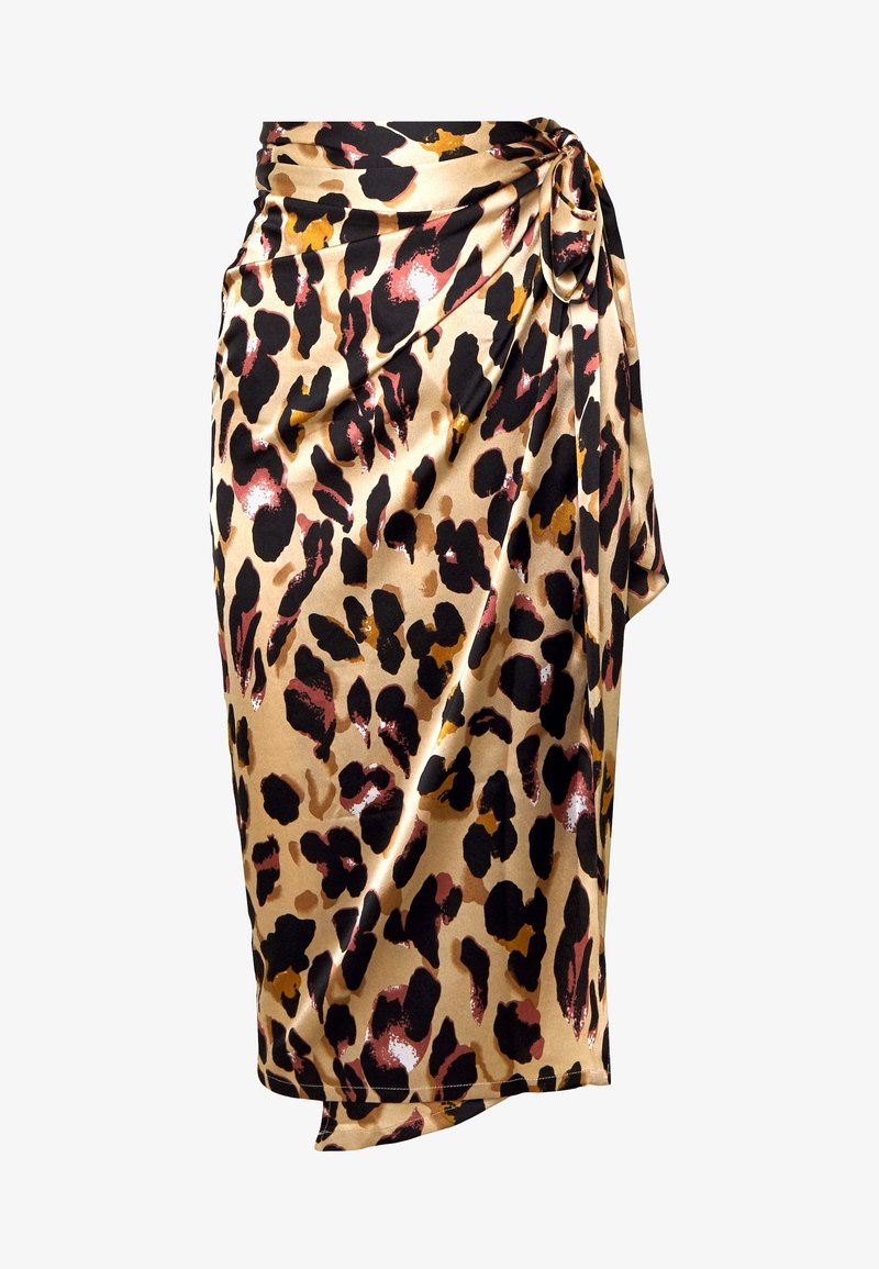Jupe midi en satin imprimé léopard beige, noir, marron et rouille, avec un détail de nœud latéral et tissu drapé.