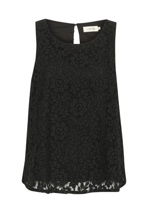 Črna čipkasta brezrokavnik, ki se ponaša s cvetličnimi vzorci, okruglim izrezom in detajlom ključavne luknje na hrbtni strani. Tekstura je nežna in prosojna.