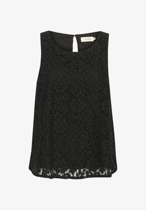 Črna čipkasta brezrokavnik, ki se ponaša s cvetličnimi vzorci, okruglim izrezom in detajlom ključavne luknje na hrbtni strani. Tekstura je nežna in prosojna.