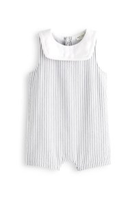 Mono a rayas en gris y blanco con un cuello blanco. Presenta un diseño sin mangas y cierre a presión en la parte posterior. Textura de tela suave.