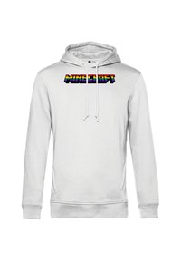 Felpa bianca con cappuccio caratterizzata da una grafica multicolore "MINECRAFT" sul petto, con tasca a marsupio frontale e cappuccio regolabile con cordino.