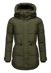 Doudoune verte avec col montant et capuche ajustable, dotée de poignets élastiques, d'une taille avec cordon de serrage et de poches latérales. Matière légère.