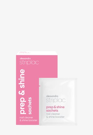 Embalaje rosa y blanco de los sobres Alessandro Striplac prep and shine para limpieza de uñas y realce del brillo.