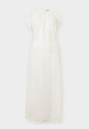 Λευκό φόρεμα μέχρι τον αστράγαλο με φουσκωτά κοντά μανίκια και τετράγωνο σχέδιο με τρυπητά μοτίβα, που διαθέτει σούρες στο ντεκολτέ και δέσιμο στο πίσω μέρος.