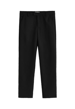 Pantalon noir en tissu lisse, présentant une coupe droite, des poches biais et un devant plat avec une taille standard.