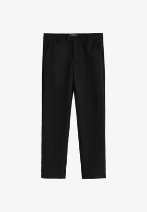 Pantalon noir en tissu lisse, présentant une coupe droite, des poches biais et un devant plat avec une taille standard.