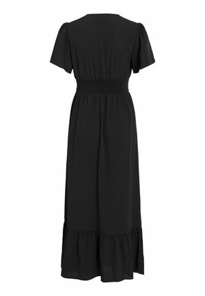 Schwarzes midikleid mit kurzen Puffärmeln, geraffter elastischer Taille und volantbesatz am Saum, von hinten auf weißem Hintergrund gezeigt.