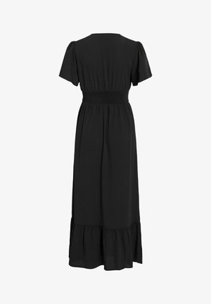 Schwarzes midikleid mit kurzen Puffärmeln, geraffter elastischer Taille und volantbesatz am Saum, von hinten auf weißem Hintergrund gezeigt.