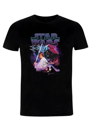 T-shirt en coton noir avec un graphique coloré de Star Wars, représentant un personnage tenant un sabre laser avec Dark Vador en arrière-plan.