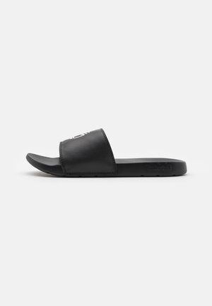 Black slide sandal made of smooth synthetic leather, featuring a wide strap and a contoured sole with subtle brand logo detail.