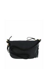 Sac bandoulière en cuir noir avec une finition texturée, une quincaillerie dorée, une fermeture éclair et une sangle ajustable. Comprend un accent à pampille.