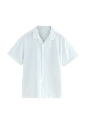 Korte mouwen witte shirt met kraag, met een gestructureerd zigzagpatroon, knoopsluiting aan de voorkant en een relaxte pasvorm.