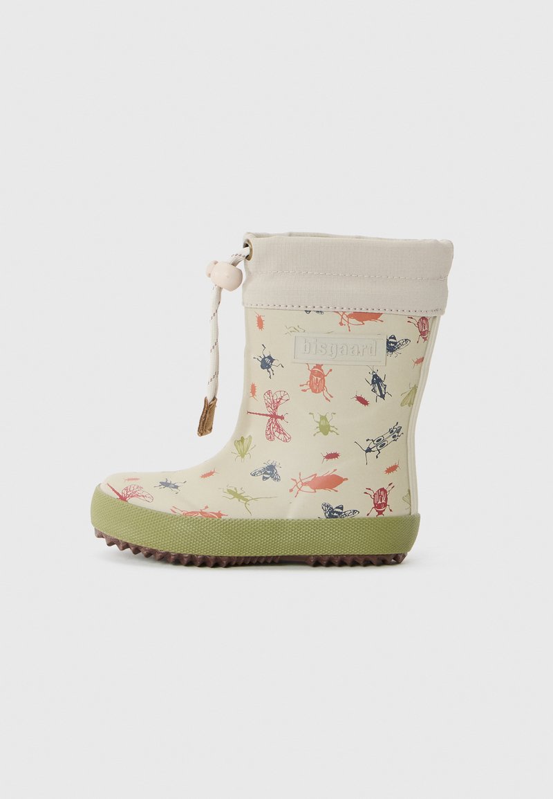 Botte de pluie verte et beige avec une semelle texturée, un système de fermeture à cordon et un motif insecte dans des teintes de rouge, bleu et vert.