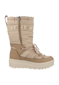 Bežová zateplená zimní bota se zipovým uzávěrem, strukturovaným svrškem, kontrastními tkaničkami a robustní, silnou podrážkou. Značka Pajar na lemu.