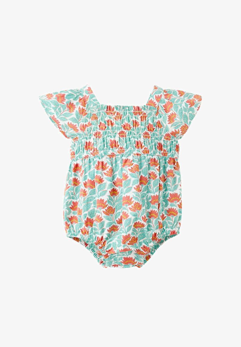 Grenouillère bébé avec imprimé feuilles vertes et fleurs orange, manches courtes, taille et ouvertures de jambes élastiques.