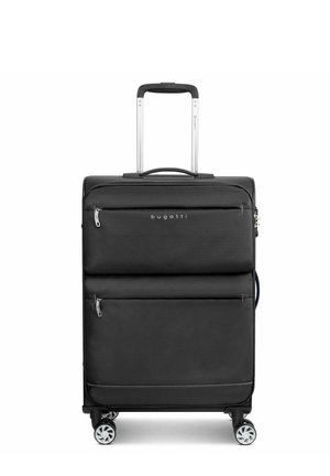Black fabric suitcase with two front zippers, silver handle, and four wheels. Features a textured surface and logo "bugatti" on the front.