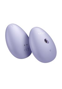 Dispositif en silicone violet en forme d'œuf avec une texture lisse, comportant un objectif de caméra et une étiquette de marque. Deux petits trous visibles sur un côté.