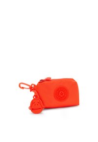 Small orange pouch made of smooth material, featuring a round logo and a monkey-shaped zipper pull. Contains a top zipper closure.