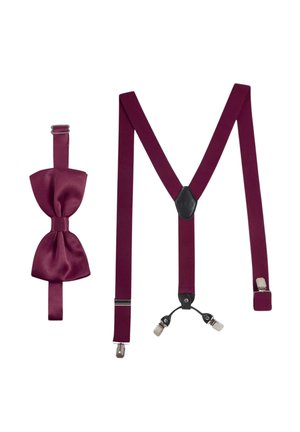 Burgundy satin bow tie and matching suspenders. Bow tie has a classic shape, suspenders feature adjustable clips and a central leather detail.