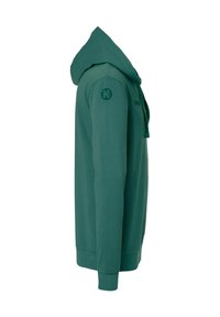 Groene hoodie met een voorzak, een trekkoord en een logo op de schouder. De stof lijkt zacht met een gladde textuur; heeft een relaxte pasvorm.