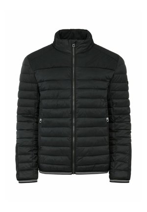 Czarna pikowana kurtka puchowa z kołnierzem typu stójka, pełnym zamkiem błyskawicznym z przodu, bocznymi kieszeniami na zamek oraz paskowanym wykończeniem na mankietach i dole.