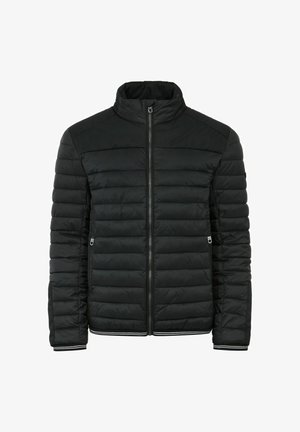 Czarna pikowana kurtka puchowa z kołnierzem typu stójka, pełnym zamkiem błyskawicznym z przodu, bocznymi kieszeniami na zamek oraz paskowanym wykończeniem na mankietach i dole.