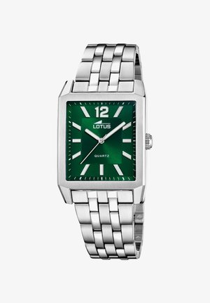 Rechthoekig zilveren kwarts horloge met een groene wijzerplaat, witte uurmarkers en een stainless steel horlogeband. Beschikt over een metalen kroon en "Lotus"-branding.