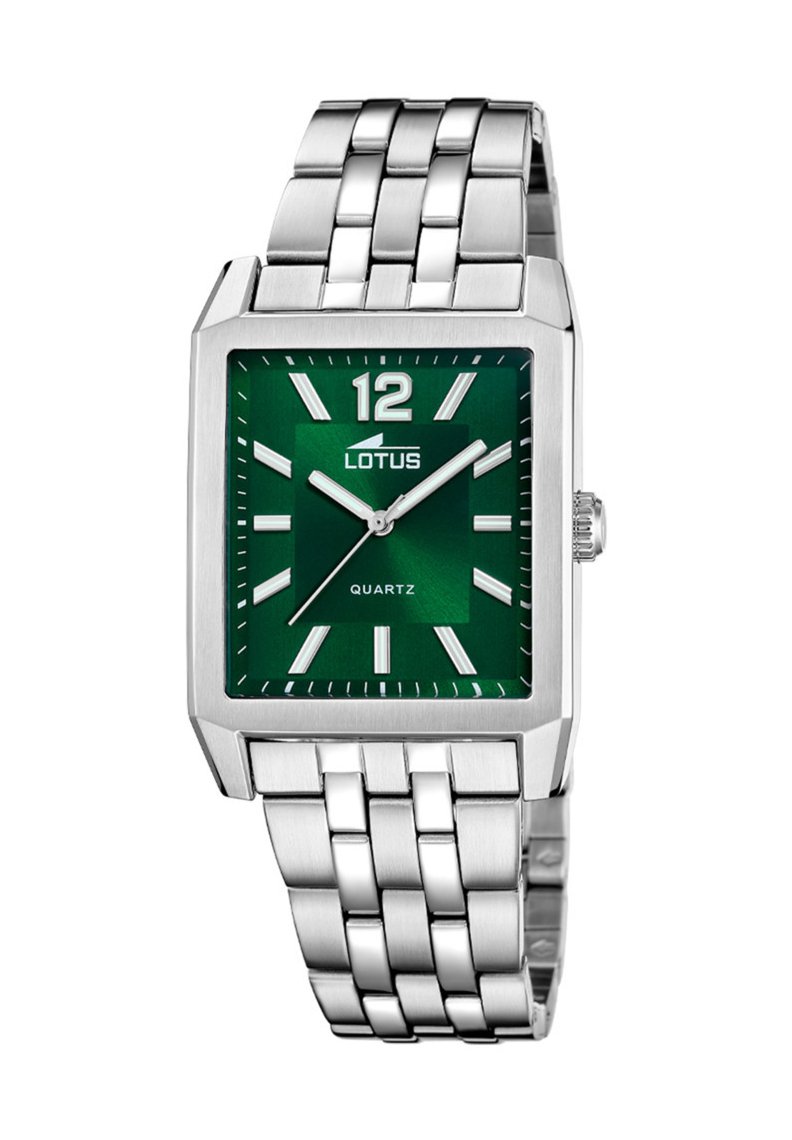 Montre rectangulaire en quartz argentée avec un cadran vert, des marqueurs d'heure blancs et un bracelet en acier inoxydable. Équipée d'une couronne en métal et de la marque "Lotus".