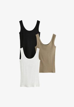 Trois débardeurs en noir, blanc et beige. Fabriqués en tissu côtelé avec des encolures dégagées et des bretelles larges. Design simple et décontracté.