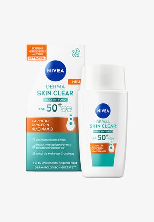 NIVEA Derma Skin Clear daily UV fluid SPF 50+ with carnitin, glycerin, niacinamide, mattifying effect, and pore-clearing for skin prone to impurities.