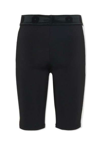 Shorts noirs extensibles avec une texture lisse, dotés d'une large ceinture élastique au motif subtil et d'une coupe jusqu'aux genoux.