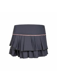Falda de capas en un azul marino oscuro, hecha de una tela suave, presenta un acento de cinturilla en rosa contraste y volantes en las capas del dobladillo.