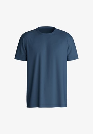 Marineblauw katoenen T-shirt met korte mouwen, ronde halslijn en een gladde textuur. Zonder patronen of versieringen. Klassiek ontwerp met een standaard pasvorm.