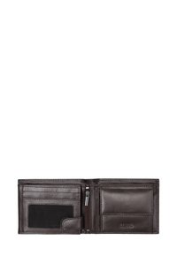 Bruin lederen portemonnee met een bifold ontwerp, voorzien van een kaartsleuf, een ID-venster, een ritsvak voor munten en RFID-bescherming. Smalle textuur.