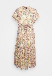Robe maxi florale en jaune clair avec des motifs de fleurs roses et violettes, à manches courtes et taille élastique pour un ajustement réglable.