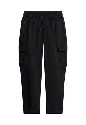 Pantaloni cargo neri realizzati in tessuto leggero, con vita elastica, chiusura con cordino, tasche laterali e tasche cargo sulle cosce.