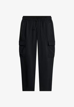 Svarta cargobyxor gjorda av lättviktigt tyg, med elastisk midja, snörning, sidofickor och cargofickor på låren.