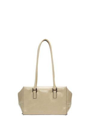 Beige Lederhandtasche mit zwei langen Griffen und rechteckiger Form, mit dezenten Nähten und minimalistischem Design.
